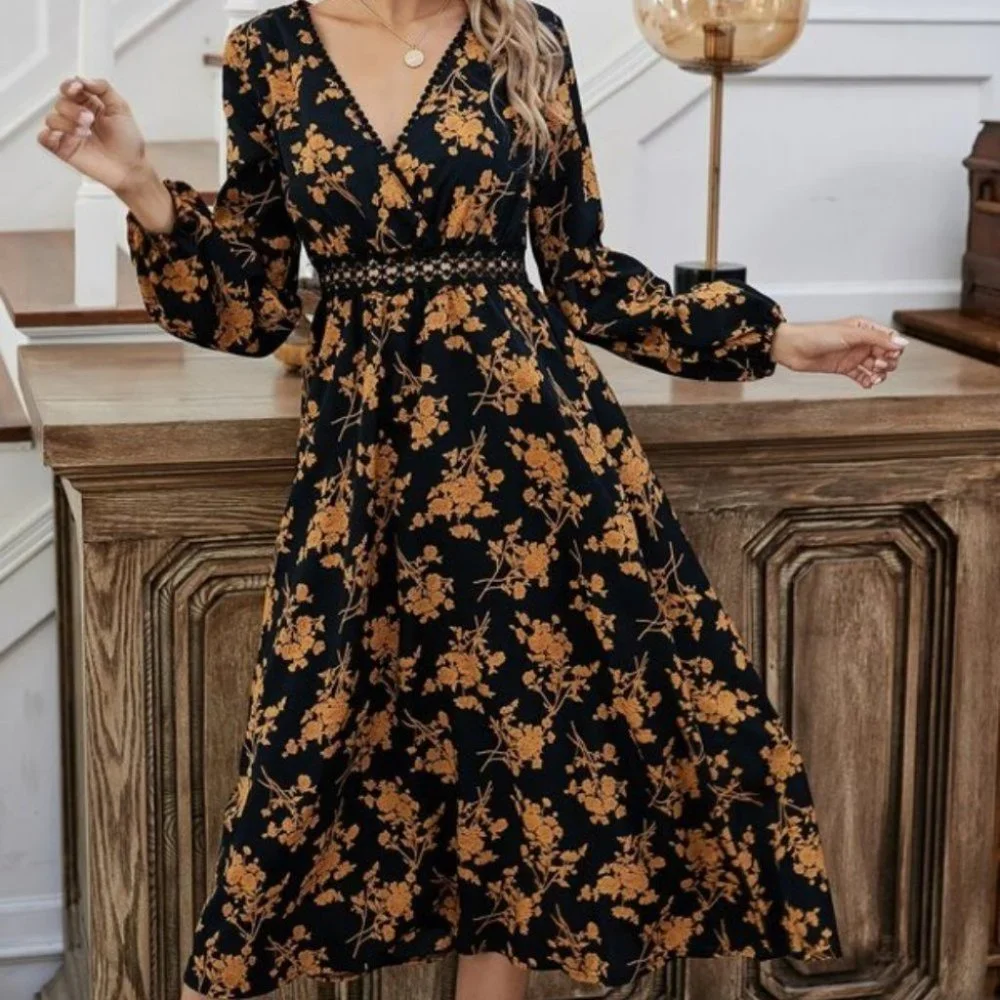 black floral print v neck ruffle long sleeve dress - Picture 4 of 6